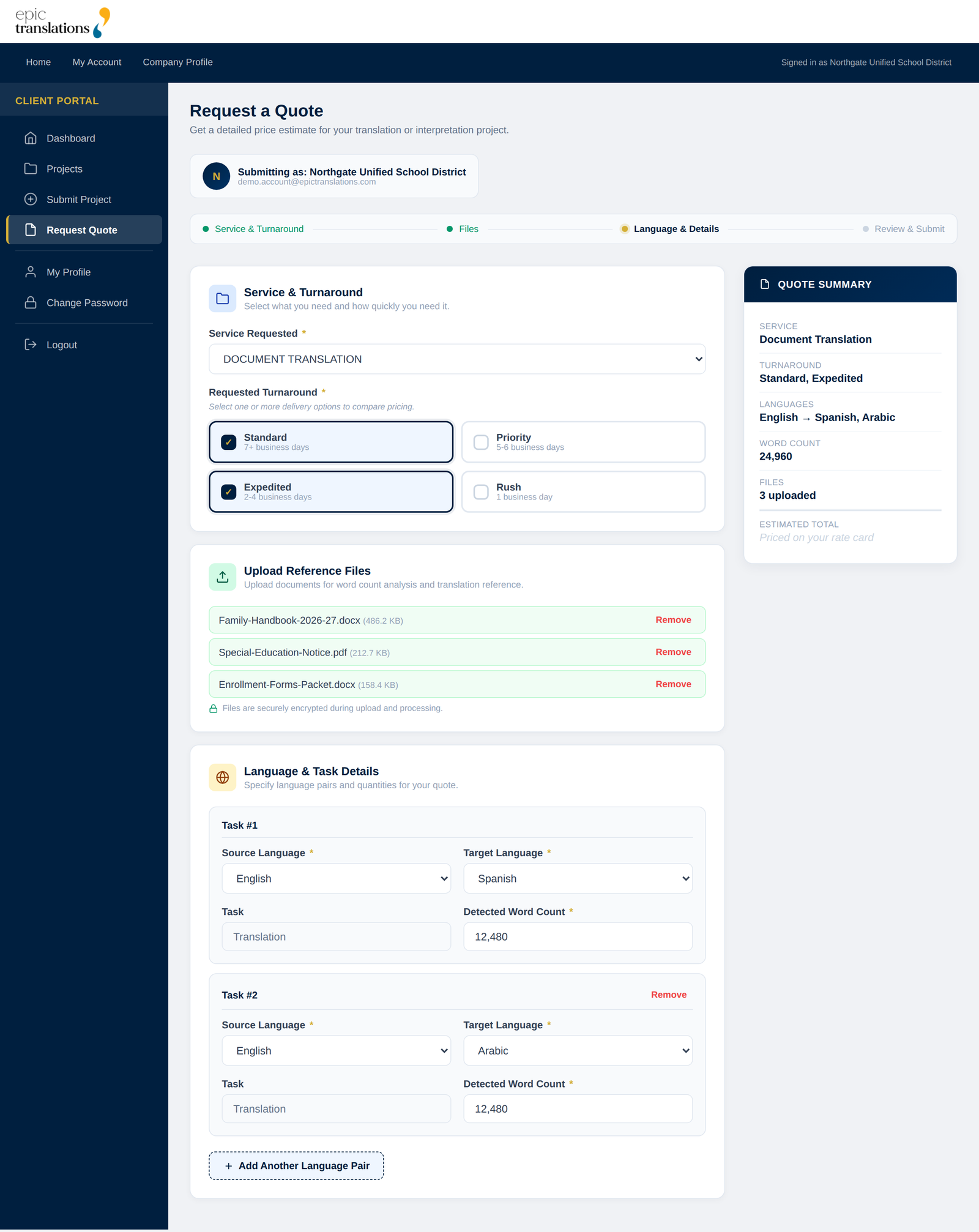 EPIC client portal, Request a Quote: a school district signed in, service set to document translation, two delivery options selected for comparison, three uploaded files, and two language pairs with detected word counts, beside a running quote summary