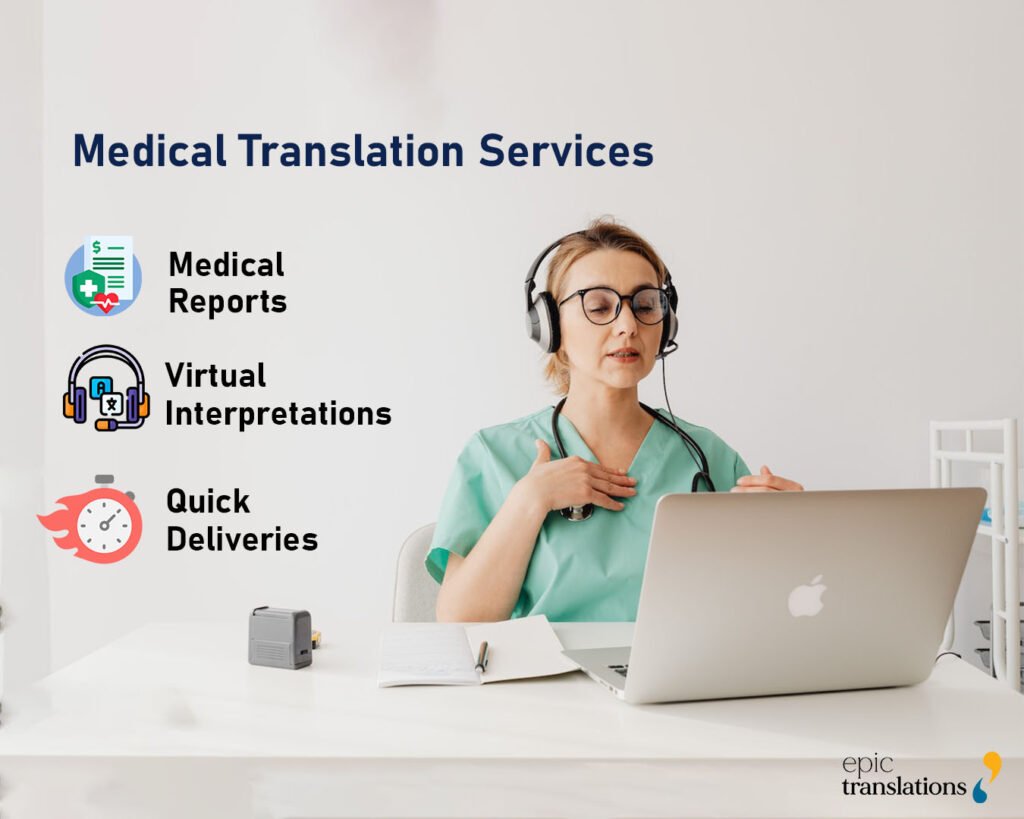Infographic showing government language access services provided by EPIC Translations in over 180 languages including Spanish and Arabic.