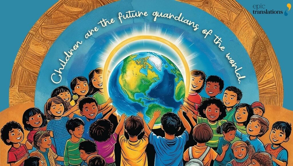 Diverse group of children from around the world holding up a glowing Earth, symbolizing global unity and the importance of language access laws in creating an inclusive future