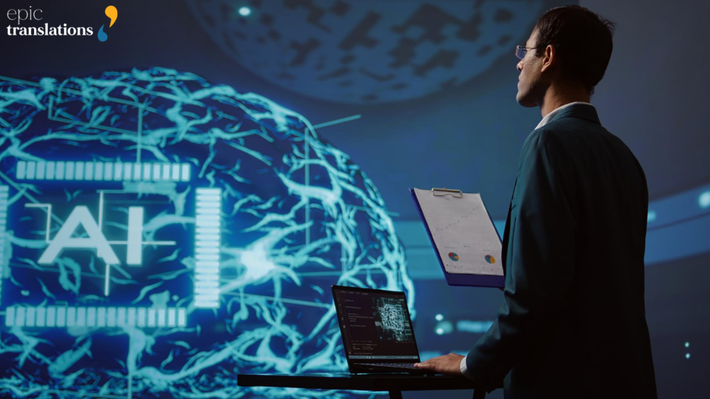 AI translation services with human review, showing a professional reviewing AI-generated translation outputs on a digital interface to ensure accuracy, oversight, and enterprise-ready multilingual content