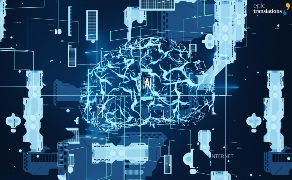 AI Translation Services 2 AI translation services visualization showing a digital neural network and data architecture, representing automated language processing, machine learning, and scalable multilingual translation systems
