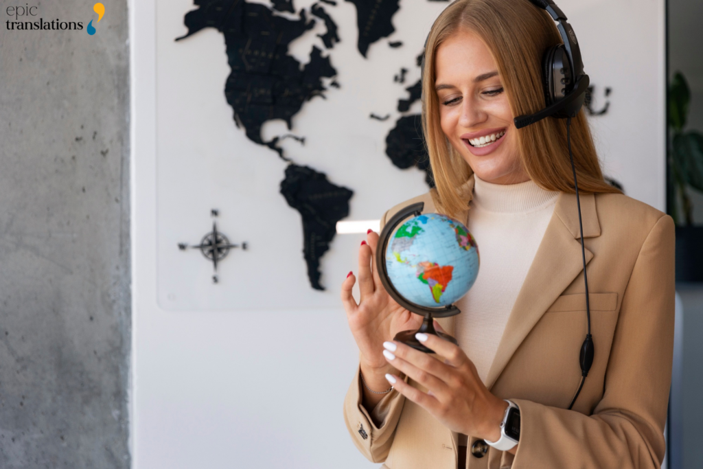 Professional human translator wearing a headset and holding a globe, representing 100% human translation services, global language expertise, and culturally accurate communication