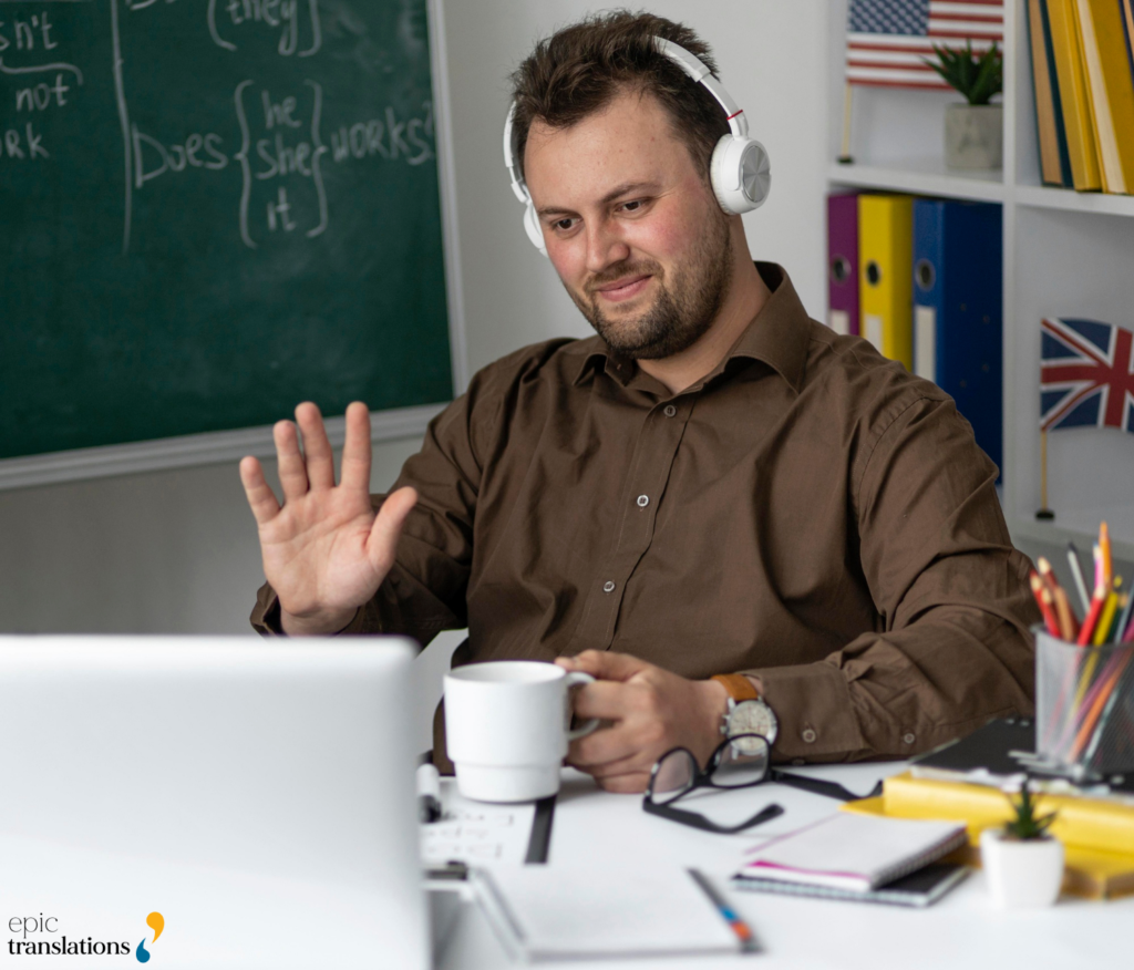 Human Translation Services 2 Human translator participating in a live video call, demonstrating professional human translation services with real-time communication and cultural understanding