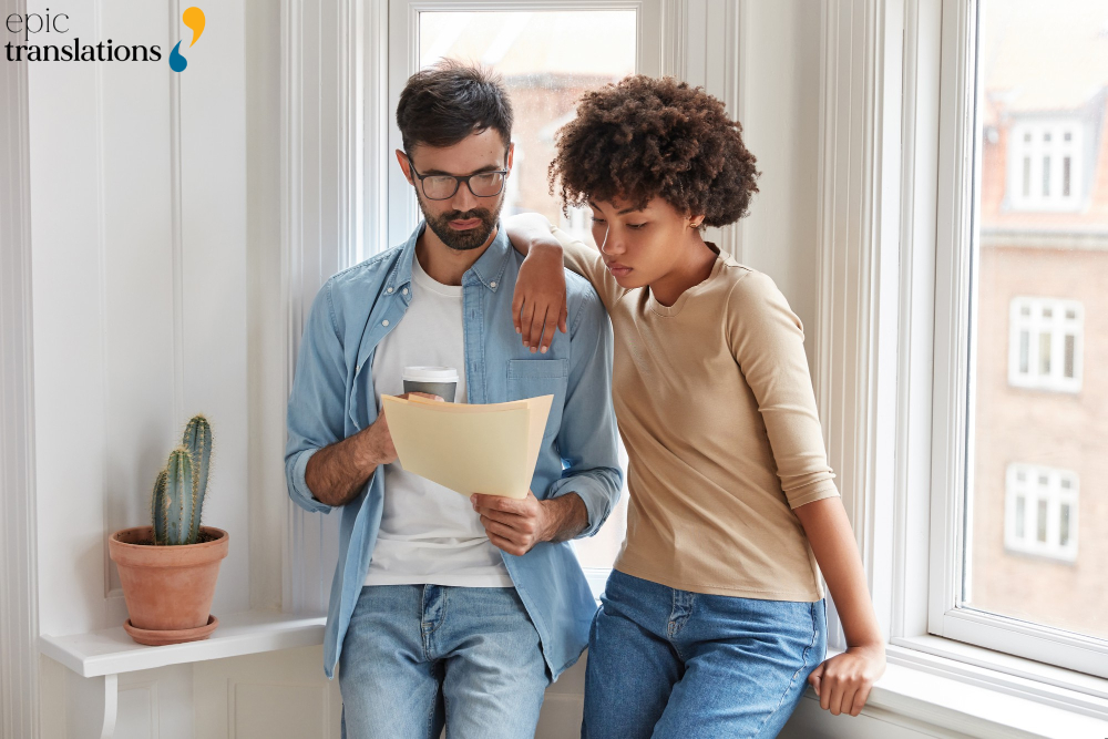 Two professionals reviewing documents together during an interpreted communication process