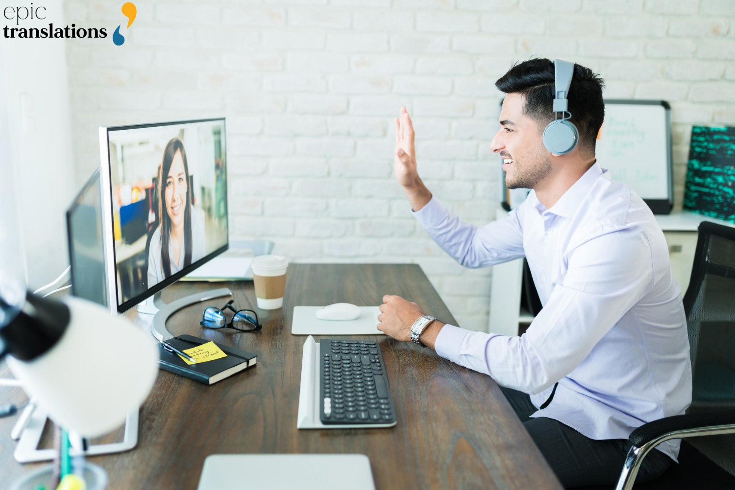 Professional interpreter using video remote interpreting services to support a live virtual meeting through a video call