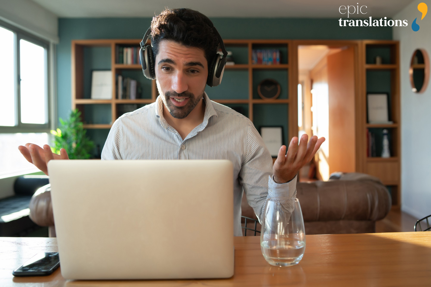Video Remote Interpreting (VRI) session with a professional interpreter wearing a headset and speaking through a laptop during a secure remote meeting for legal, government, or healthcare communication