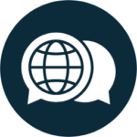Professional translation and interpreting services icon showing a globe inside speech bubbles