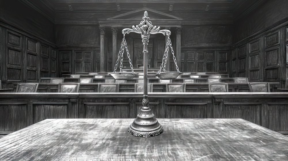 Courtroom setting with scales of justice representing legal interpreting and government translation services for compliance
