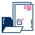 Folder and approved document icon representing final file preparation for multilingual desktop publishing delivery.