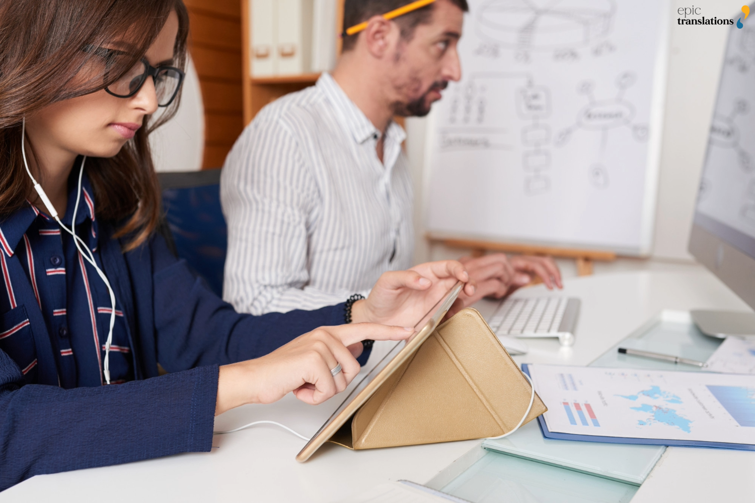 Project managers reviewing multilingual content workflows, translation technology processes, and quality assurance procedures.
