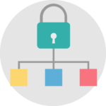 Lock and connected file nodes representing secure and confidential multilingual desktop publishing workflow.