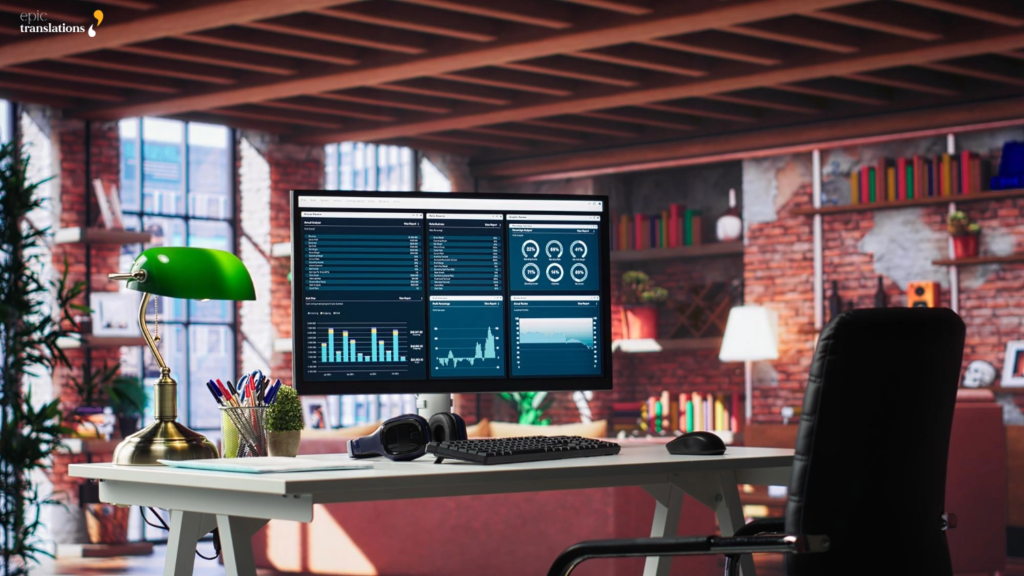 Language operations platform dashboard providing reporting, workflow automation, and analytics for translation services and interpreting services.