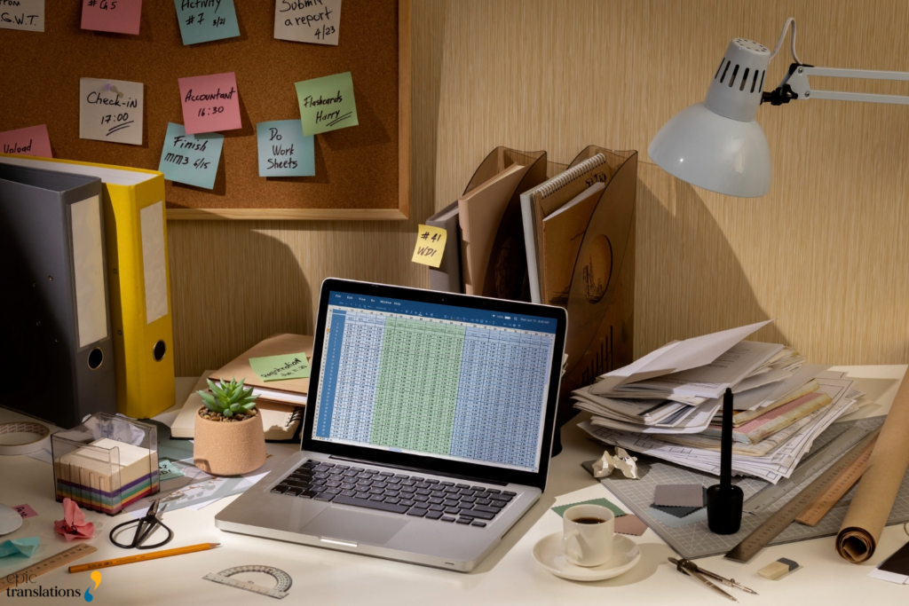 Disorganized spreadsheets, paperwork, and multiple vendor workflows illustrating the challenges organizations face before partnering with a language operations partner.