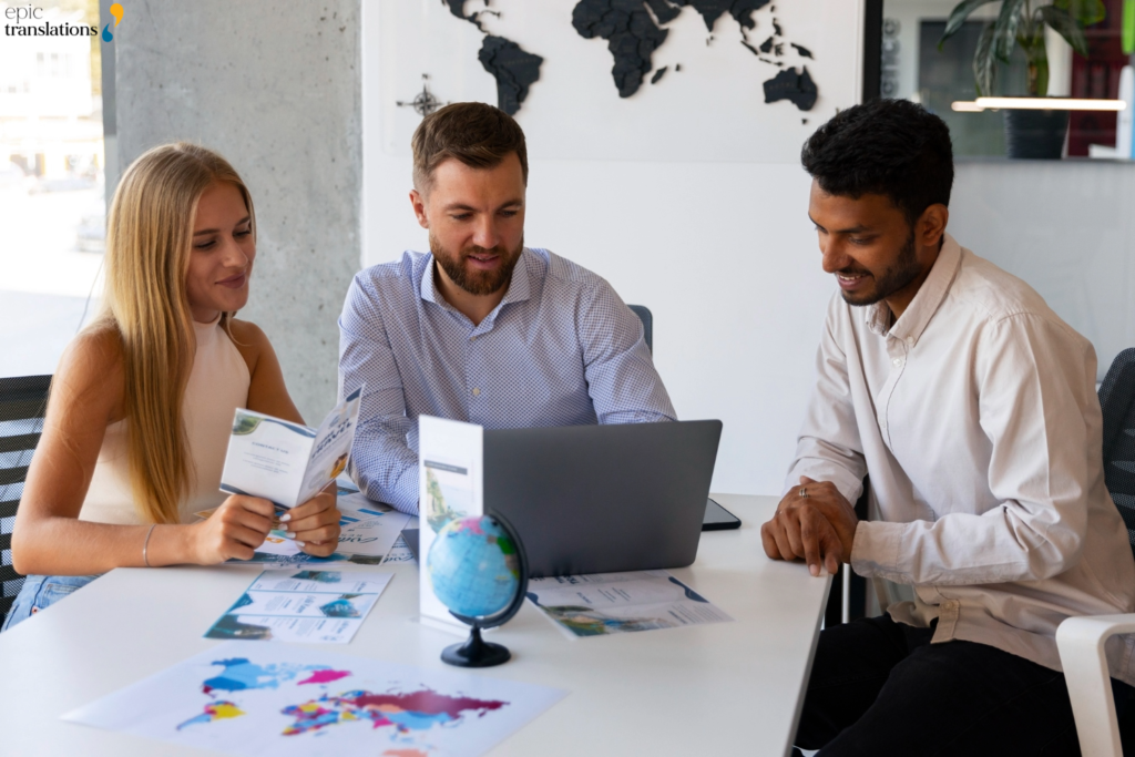 Business professionals collaborating with a language operations partner to improve multilingual communication, language access, and interpreting services.