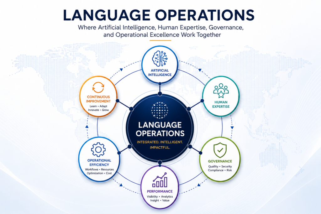 Language Operations framework illustrating how artificial intelligence, human expertise, governance, performance analytics, operational efficiency, and continuous improvement work together to create an integrated, intelligent, and impactful language-service operation.