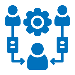 Connected workflows icon showing language service requests moving through a coordinated workflow