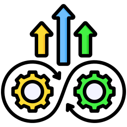 Continuous improvement represented by upward progress arrows and operational gears in modern Language Operations.