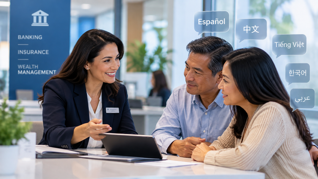 Financial advisor meeting with multilingual clients to discuss banking, insurance and financial services.