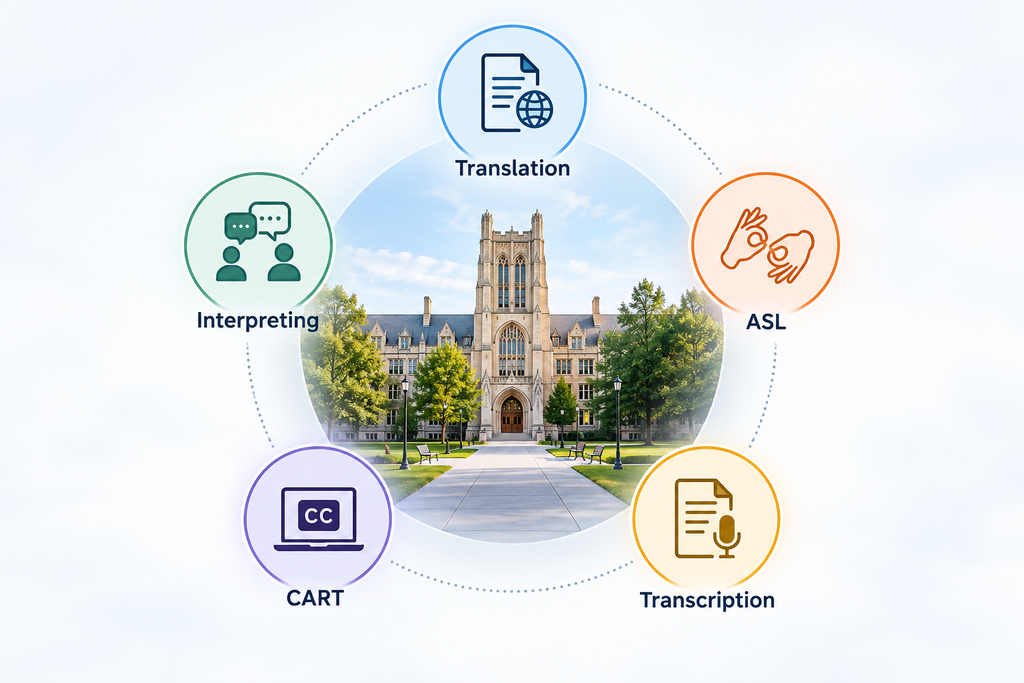 Higher education language services graphic showing a university campus connected to translation, interpreting, ASL, CART and transcription services.