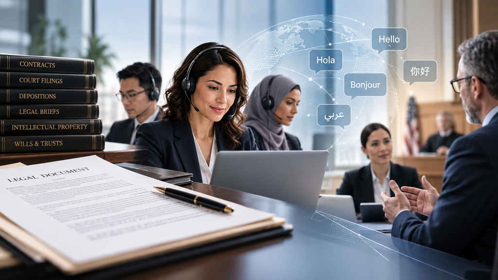 Legal translation and interpreting professionals supporting multilingual legal documents, court proceedings and client communication.