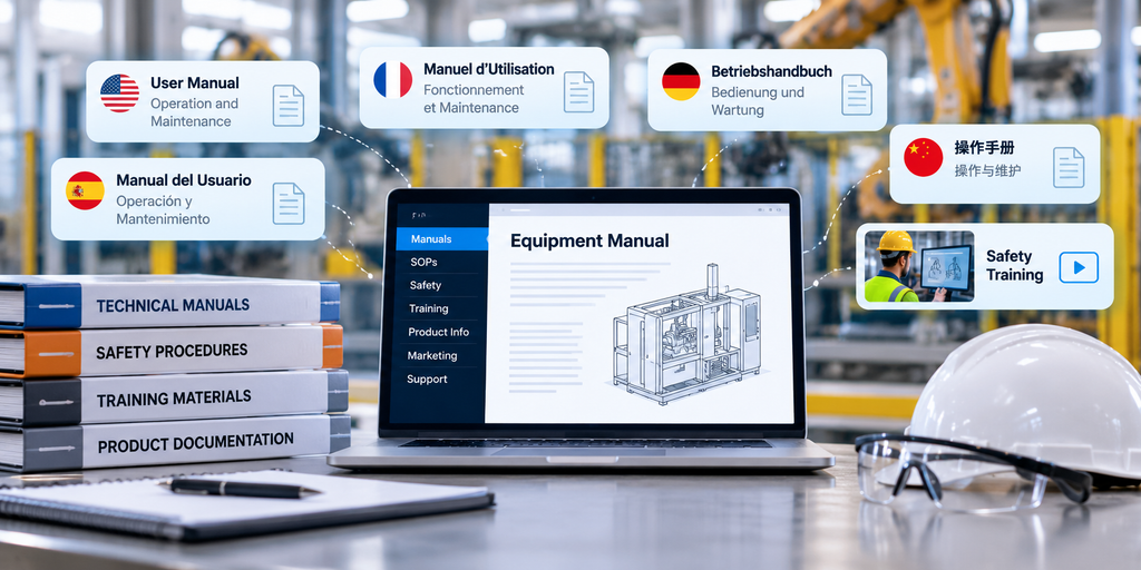 Manufacturing translation services visual showing multilingual technical manuals, safety procedures, training materials and product documentation in an industrial production environment.