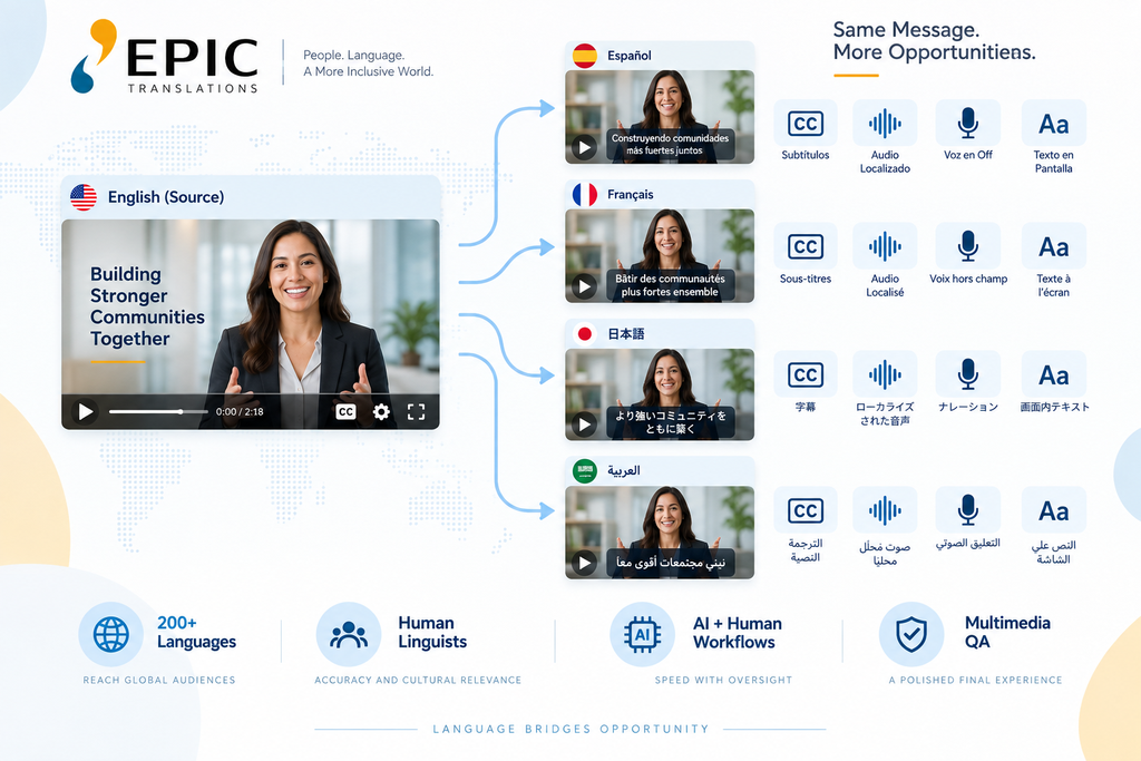 Multimedia localization services for translating video, audio, subtitles, voice-over and on-screen content into multiple languages.