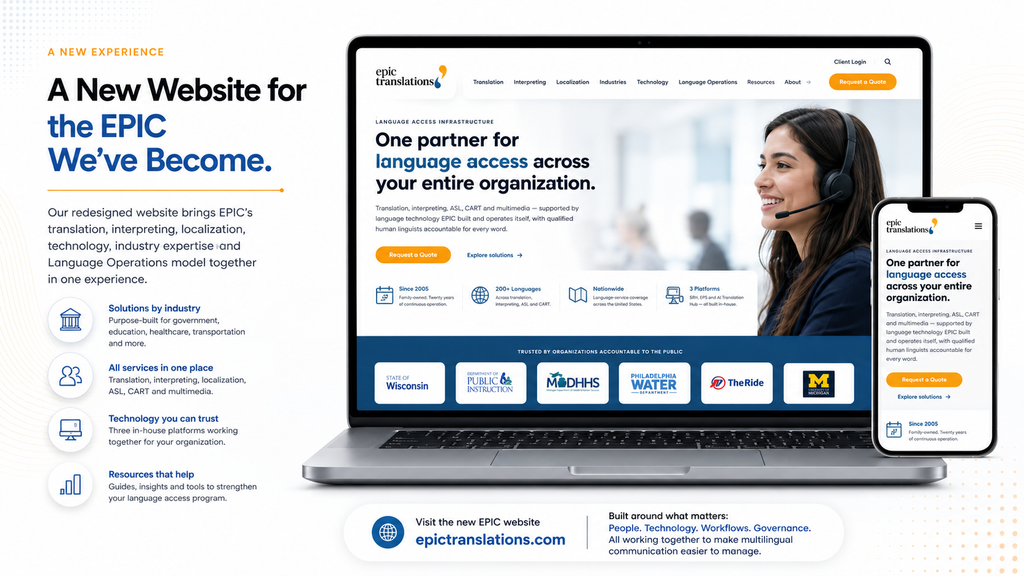 Redesigned EPIC Translations website showcasing Language Operations, language services and technology