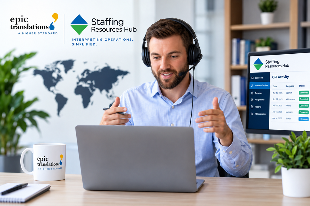 Professional OPI interpreter using EPIC Translations’ Staffing Resources Hub to support and manage over-the-phone interpreting services.