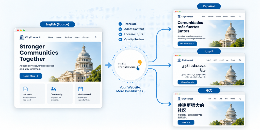 Website localization hero image Website localization workflow showing an English source website adapted by EPIC Translations into Spanish, Arabic, and Chinese localized websites.