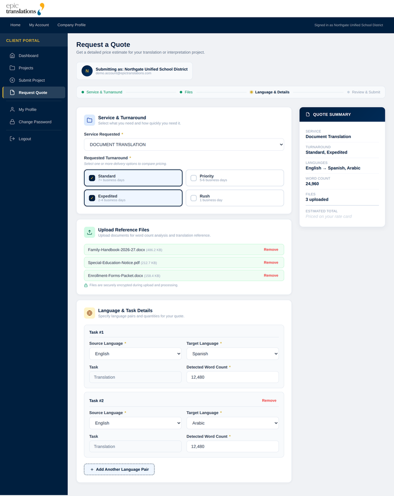 PIC Enterprise Project System (EPS) client portal showing a translation quote request with file uploads, language pairs and turnaround options