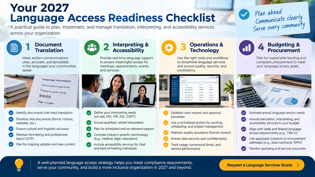 2027 language access services readiness checklist covering document translation, interpreting and accessibility, operations and technology, and budgeting and procurement for government agencies, schools, and organizations.