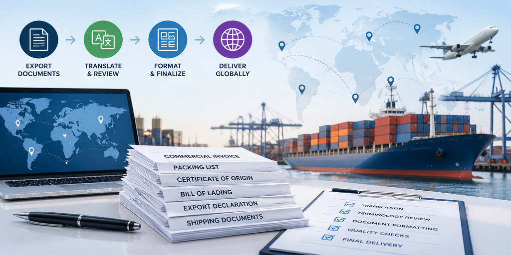 Export Document Translation Services workflow showing export documents, translation and review, document formatting and finalization, and global delivery.