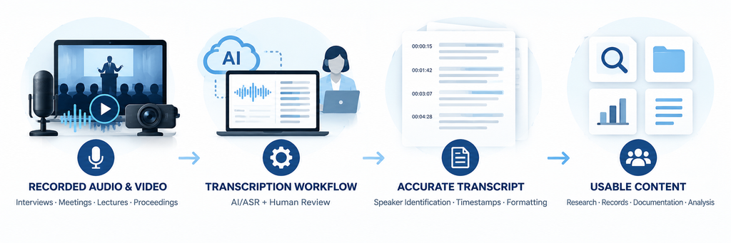 Four-step transcription workflow showing recorded audio and video moving through an AI/ASR and human review process to produce an accurate transcript with speaker identification, timestamps and formatting, resulting in usable content for research, records, documentation and analysis.