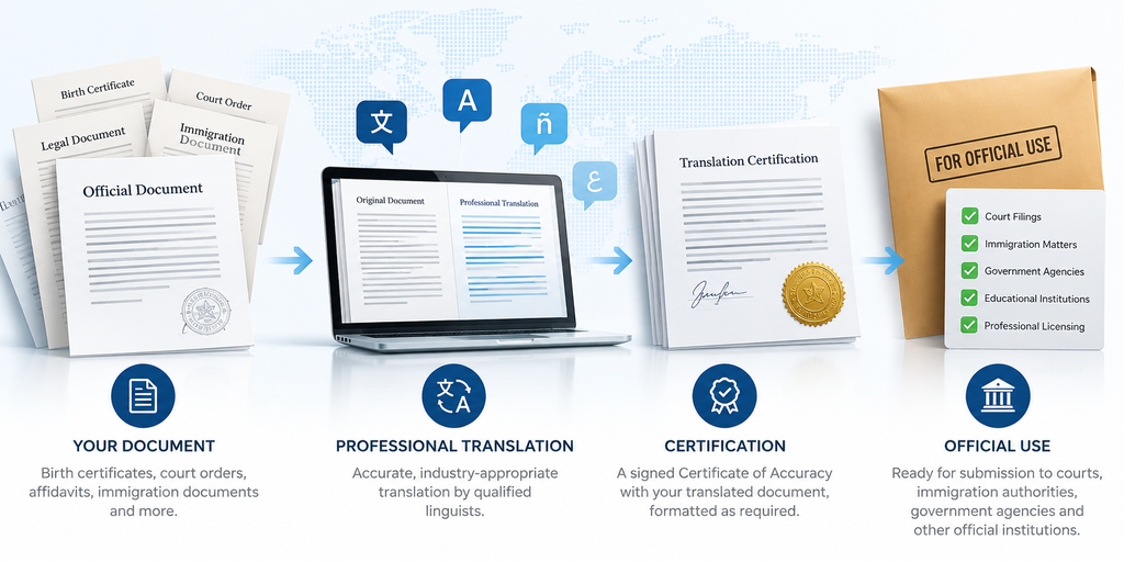 Court certified document translation workflow showing official documents, professional translation, certification with a certificate of accuracy, and final documents prepared for official use.
