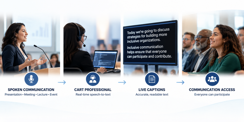 CART services workflow showing spoken communication flowing through a CART professional providing real-time speech-to-text, live captions, and communication access for presentations, meetings, lectures, and events.