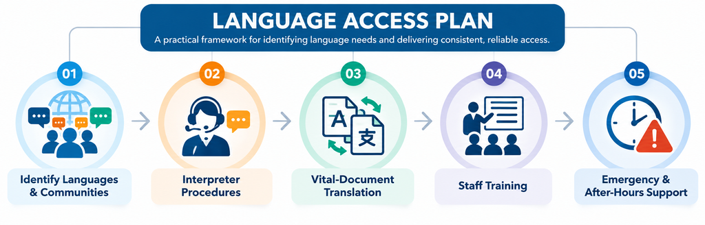 Language Access Plan infographic showing five key components: identifying languages and communities, interpreter procedures, vital-document translation, staff training, and emergency and after-hours support.