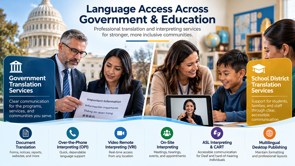 Government translation services and school district translation services supporting multilingual communication through document translation, OPI, VRI, on-site interpreting, ASL, CART, and multilingual desktop publishing.