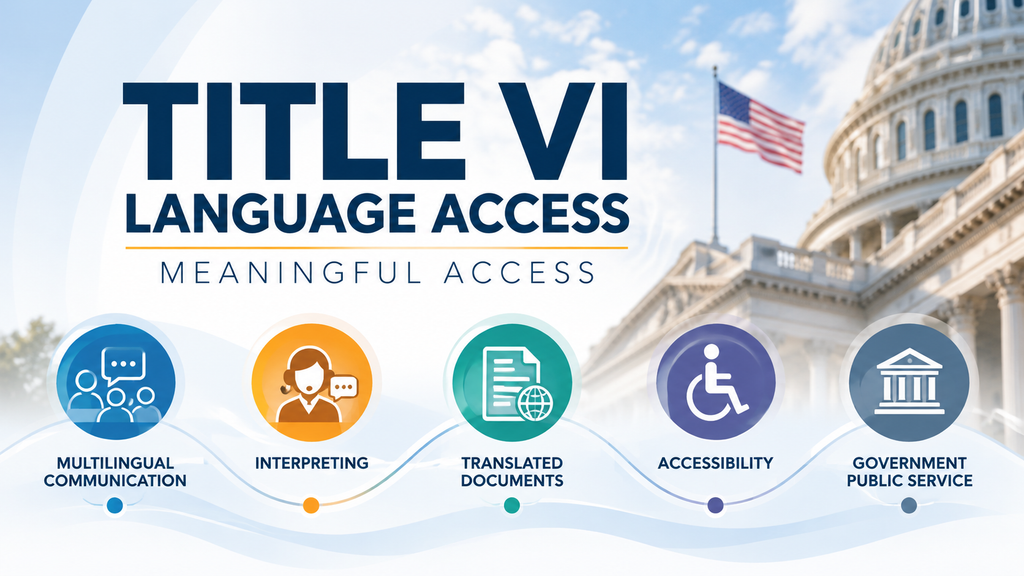Title VI language access graphic showing meaningful access through multilingual communication, interpreting, translated documents, accessibility, and government public services.